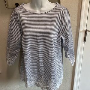 Chico’s Blue White Stripe 3/4 Sleeve Top NWT